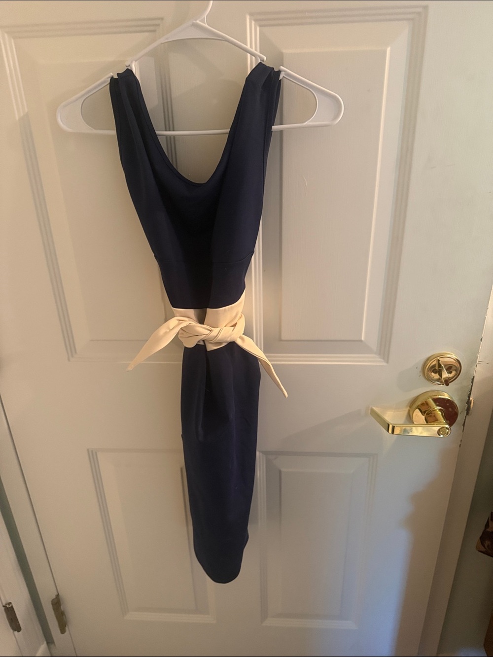 Miusol Navy Midi Dress with Cream Waist Tie